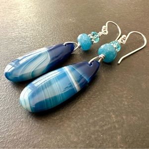 Boho Blue Stone Earrings, Banded Agate, Aquamarine, Crystal, Sterling Silver